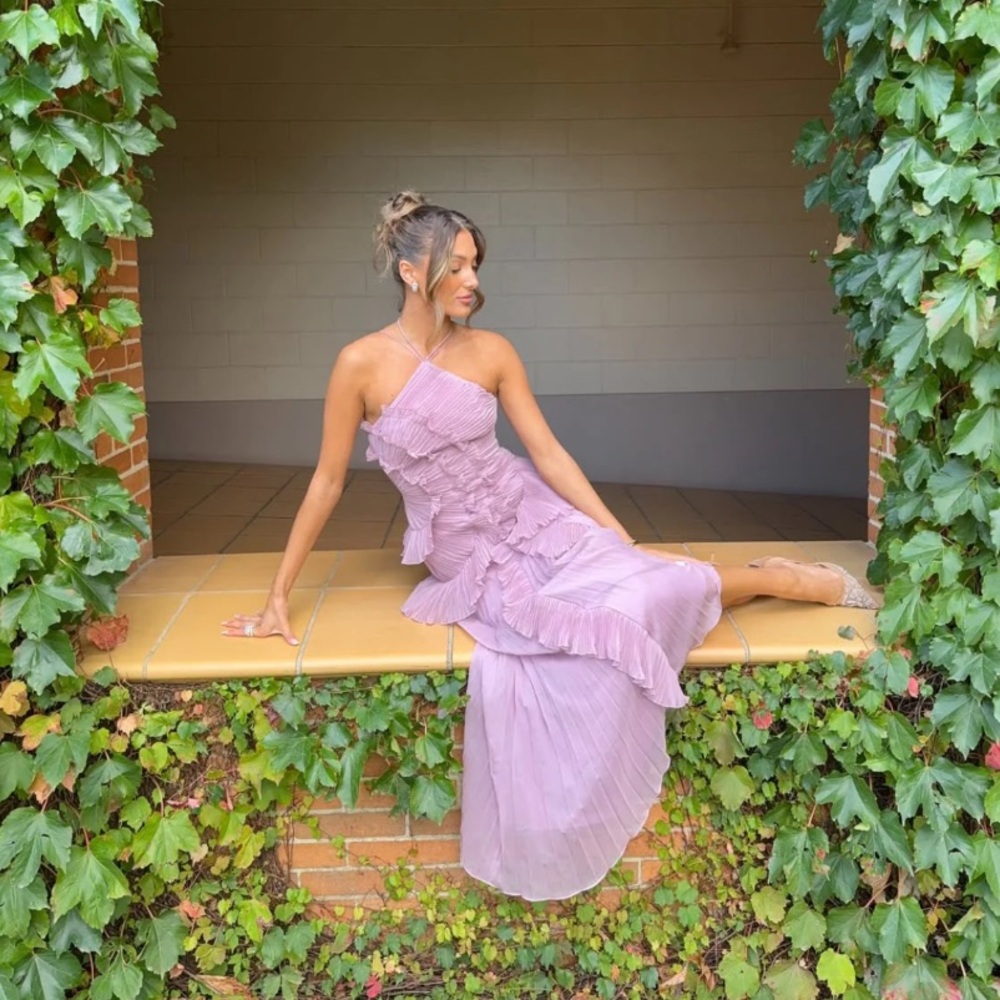 AMUR Lorelie Halter Pleated Rosette Side Gown in Water Hyacinth Viral size 8 US - Picture 3 of 14